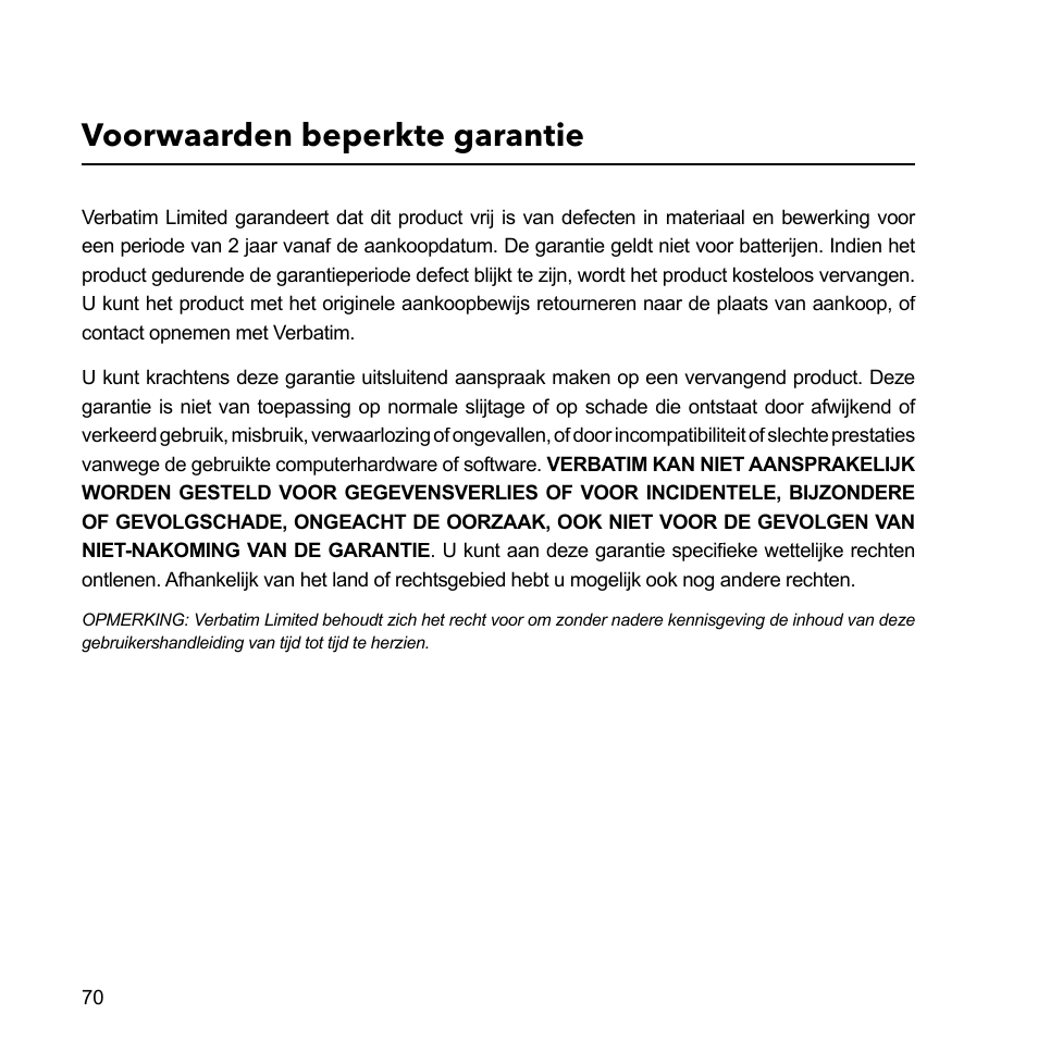 Voorwaarden beperkte garantie | Verbatim External Hard Drive USB 2.0 2TB User Manual | Page 70 / 116