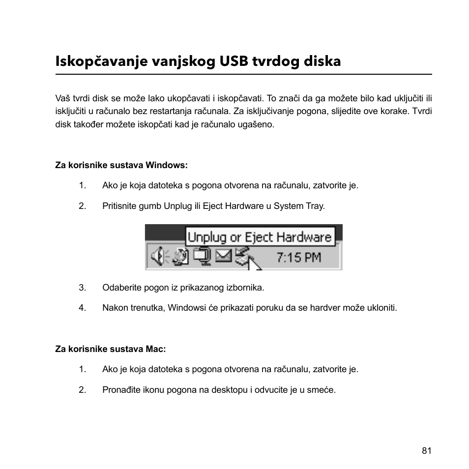 Iskopčavanje vanjskog usb tvrdog diska | Verbatim External Hard Drive USB 2.0 2TB User Manual | Page 81 / 116