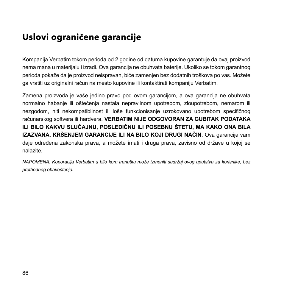 Uslovi ograničene garancije | Verbatim External Hard Drive USB 2.0 2TB User Manual | Page 86 / 116