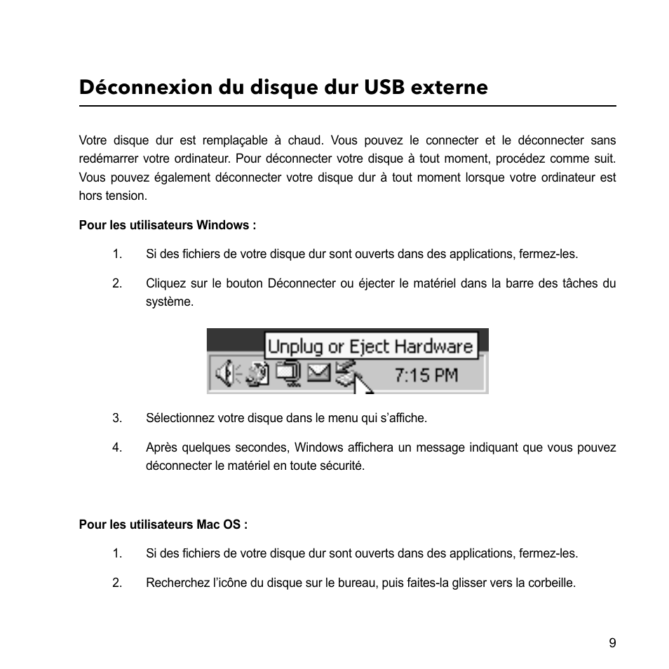 Déconnexion du disque dur usb externe | Verbatim External Hard Drive USB 2.0 2TB User Manual | Page 9 / 116