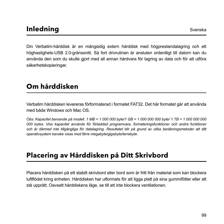 Inledning, Om hårddisken, Placering av hårddisken på ditt skrivbord | Verbatim External Hard Drive USB 2.0 2TB User Manual | Page 99 / 116