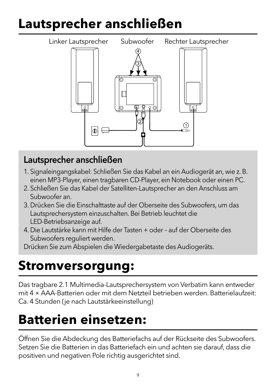 Lautsprecher anschließen | Verbatim 2.1 Multimedia Portable Speaker System User Manual | Page 10 / 48