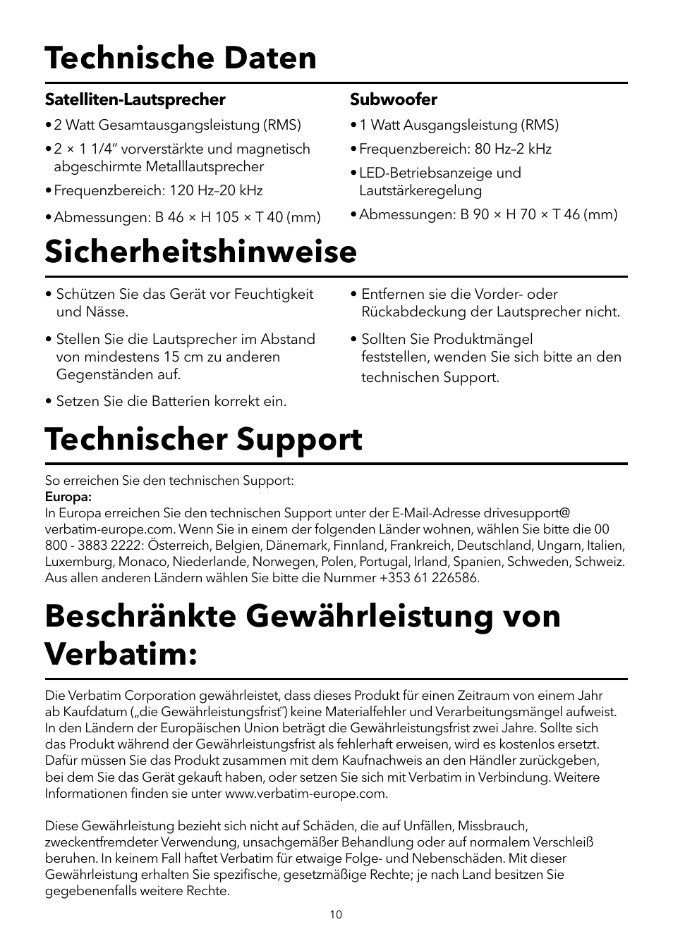 Technische daten sicherheitshinweise, Beschränkte gewährleistung von verbatim, Technischer support | Verbatim 2.1 Multimedia Portable Speaker System User Manual | Page 11 / 48