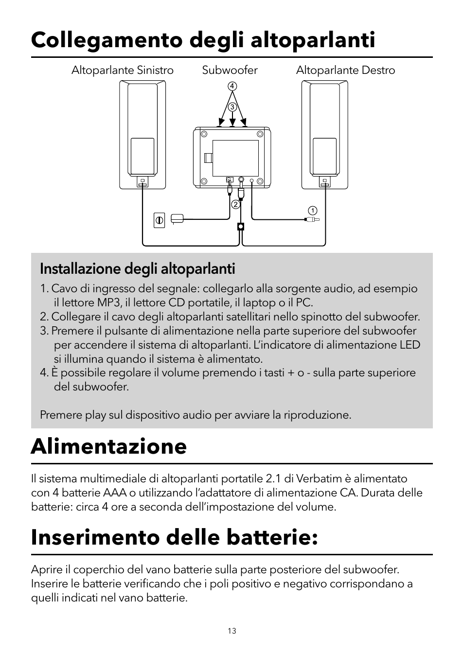 Installazione degli altoparlanti | Verbatim 2.1 Multimedia Portable Speaker System User Manual | Page 14 / 48