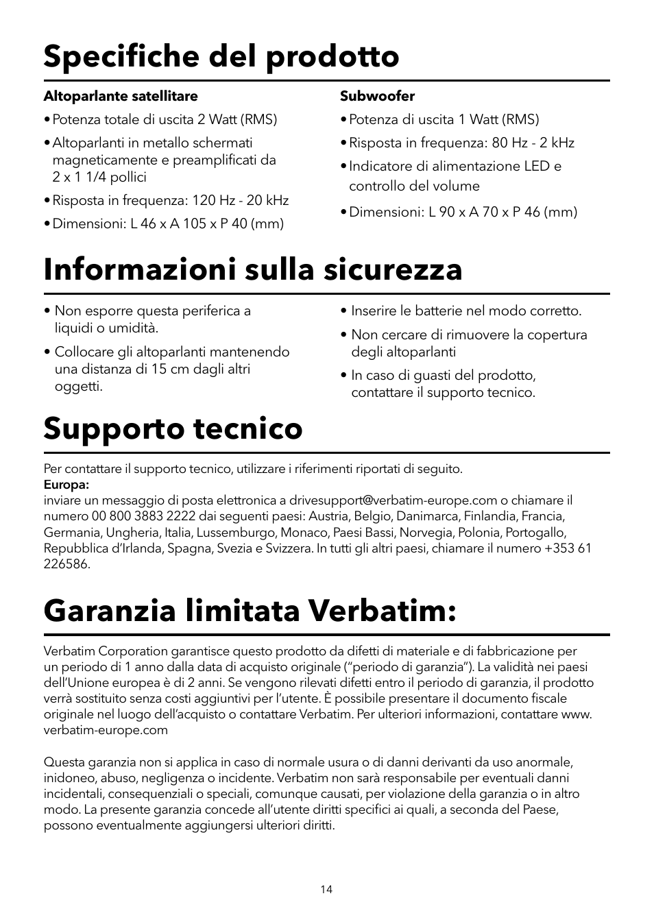 Garanzia limitata verbatim, Supporto tecnico | Verbatim 2.1 Multimedia Portable Speaker System User Manual | Page 15 / 48