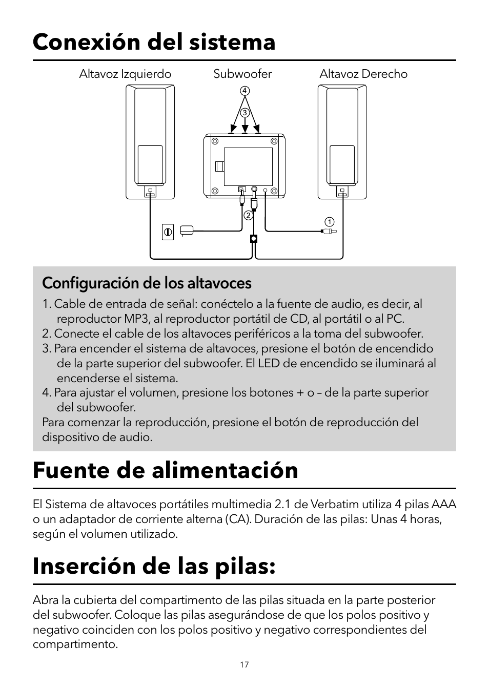 Conﬁ guración de los altavoces | Verbatim 2.1 Multimedia Portable Speaker System User Manual | Page 18 / 48