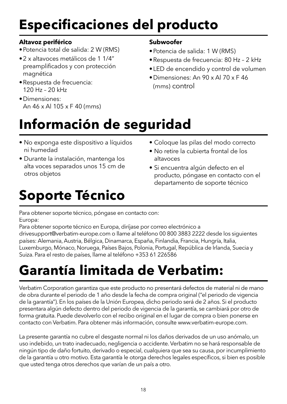 Garantía limitada de verbatim, Soporte técnico | Verbatim 2.1 Multimedia Portable Speaker System User Manual | Page 19 / 48