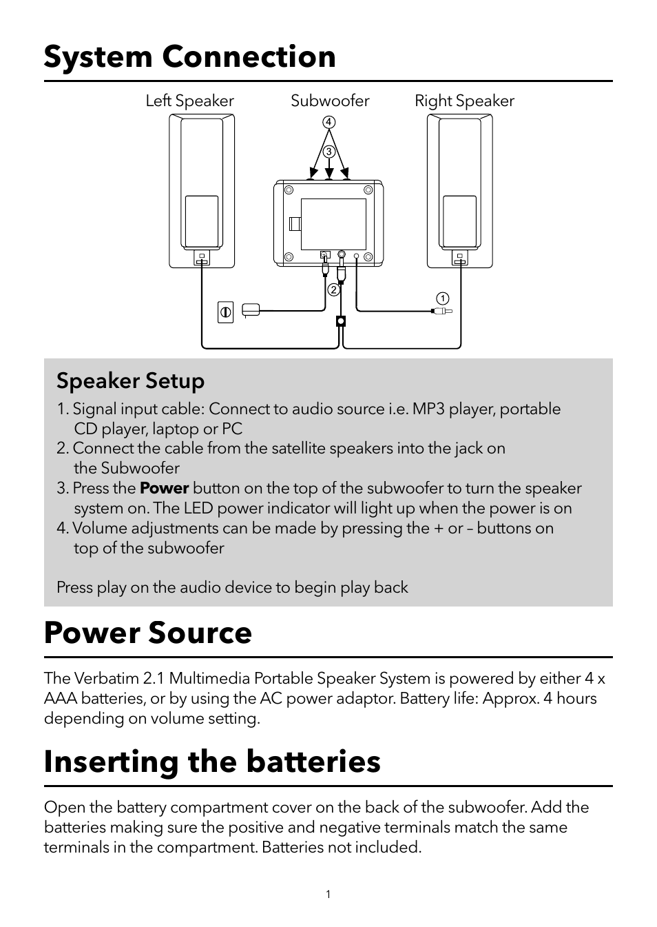Speaker setup | Verbatim 2.1 Multimedia Portable Speaker System User Manual | Page 2 / 48