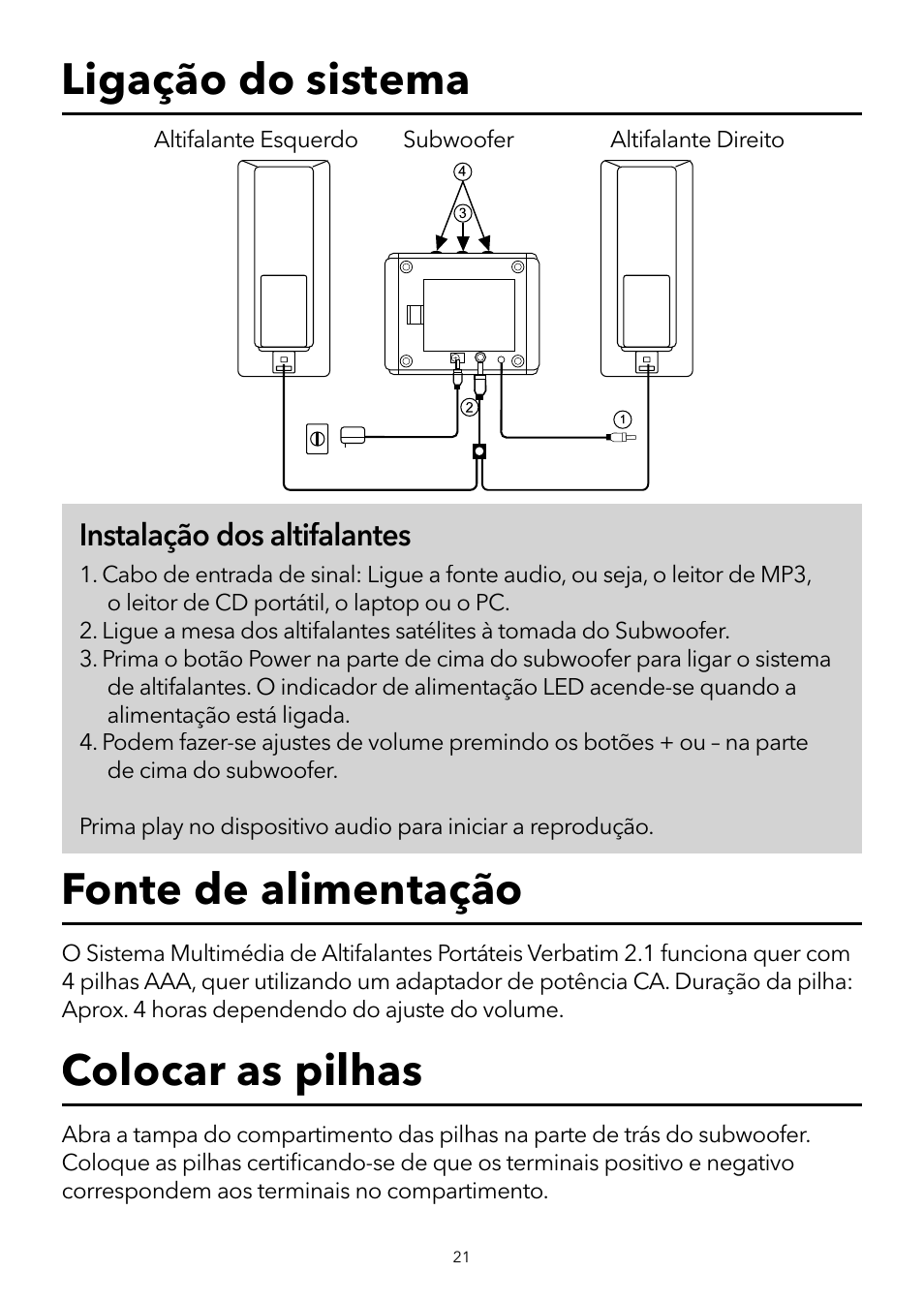 Instalação dos altifalantes | Verbatim 2.1 Multimedia Portable Speaker System User Manual | Page 22 / 48