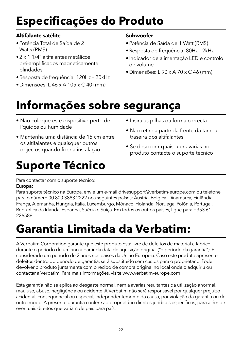 Garantia limitada da verbatim, Suporte técnico | Verbatim 2.1 Multimedia Portable Speaker System User Manual | Page 23 / 48