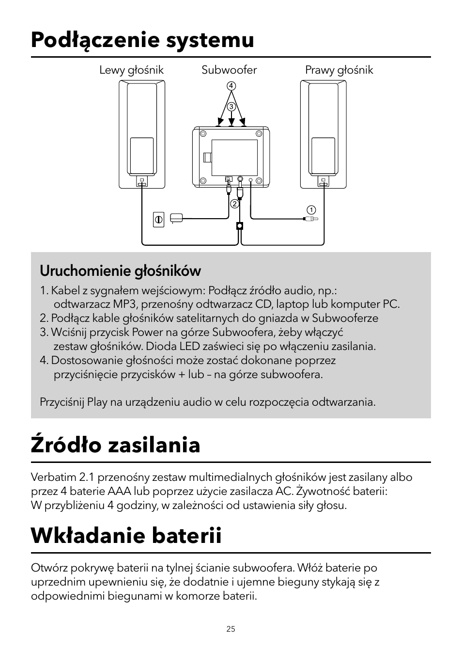 Uruchomienie głośników | Verbatim 2.1 Multimedia Portable Speaker System User Manual | Page 26 / 48