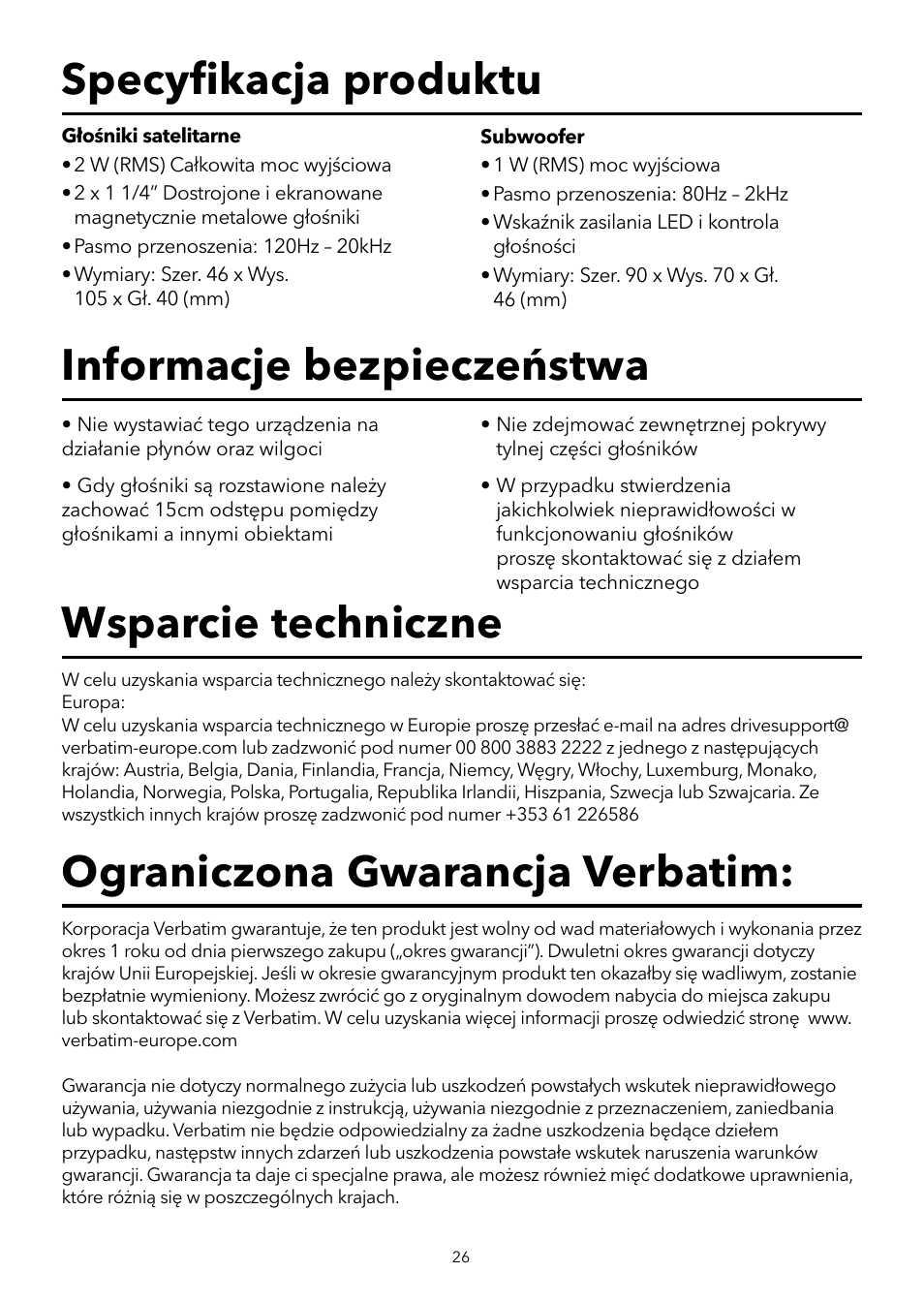 Specyﬁ kacja produktu informacje bezpieczeństwa, Ograniczona gwarancja verbatim, Wsparcie techniczne | Verbatim 2.1 Multimedia Portable Speaker System User Manual | Page 27 / 48