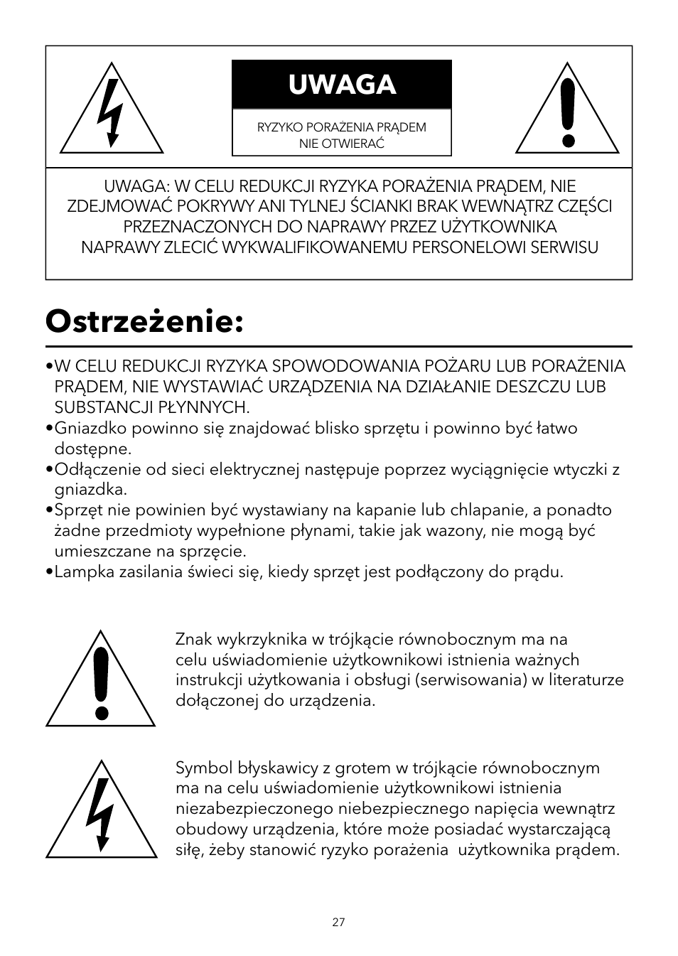 Ostrzeżenie, Uwaga | Verbatim 2.1 Multimedia Portable Speaker System User Manual | Page 28 / 48