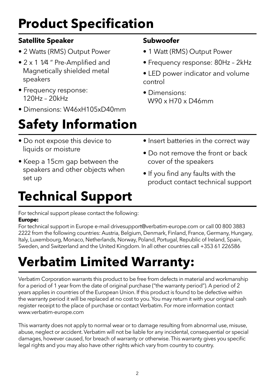 Product speciﬁ cation safety information, Verbatim limited warranty, Technical support | Verbatim 2.1 Multimedia Portable Speaker System User Manual | Page 3 / 48