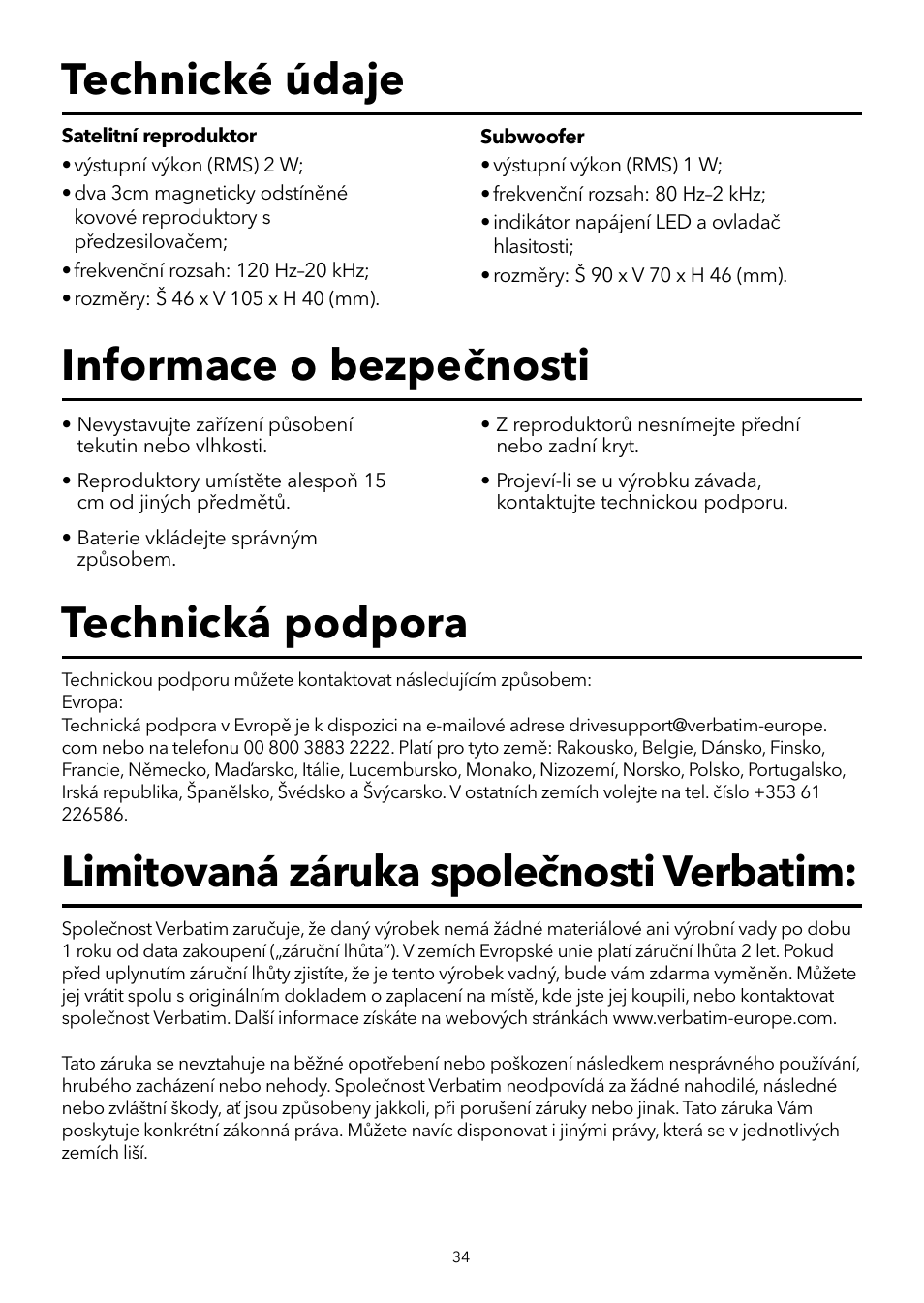 Technické údaje informace o bezpečnosti, Limitovaná záruka společnosti verbatim, Technická podpora | Verbatim 2.1 Multimedia Portable Speaker System User Manual | Page 35 / 48