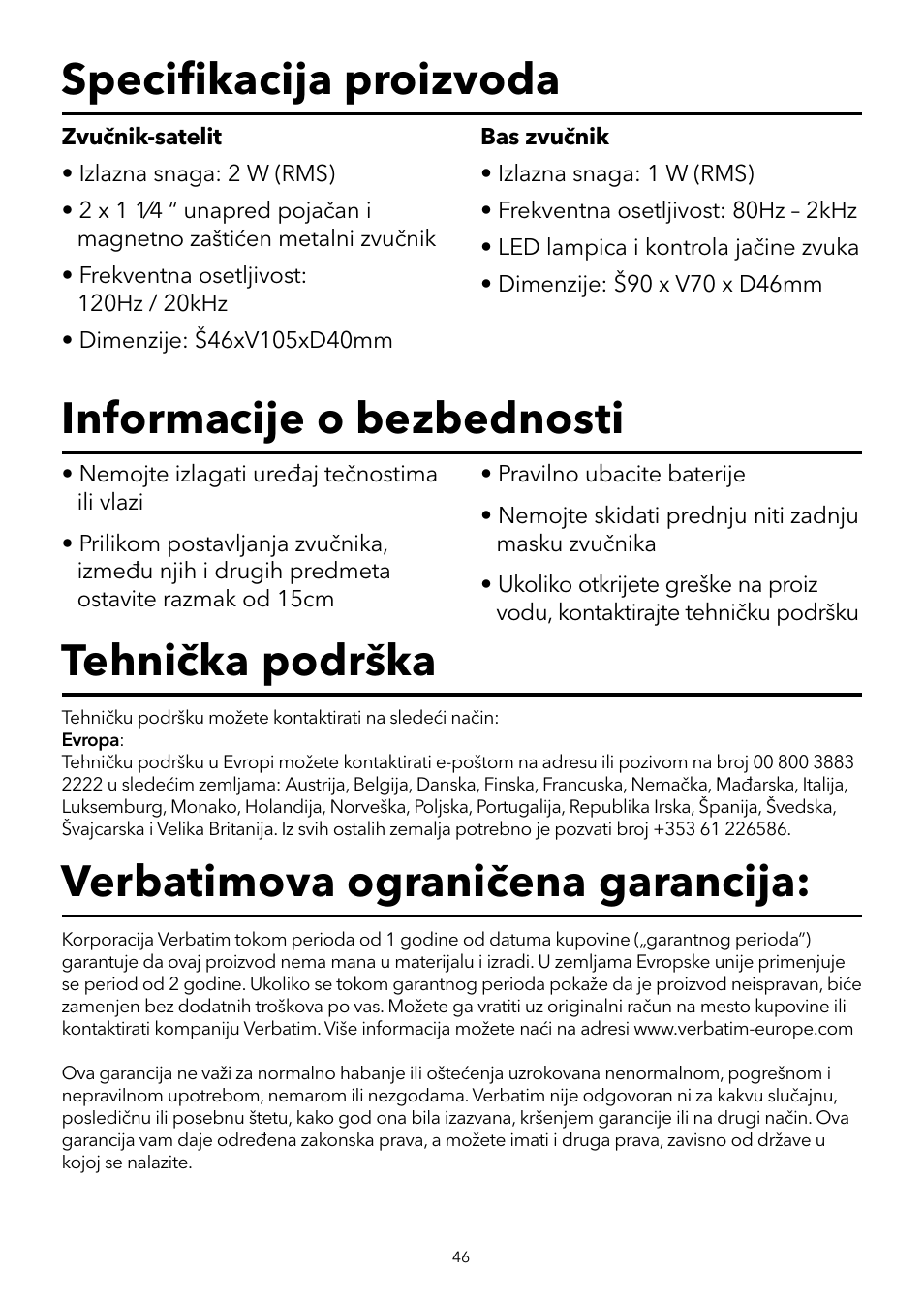 Speciﬁ kacija proizvoda informacije o bezbednosti, Verbatimova ograničena garancija, Tehnička podrška | Verbatim 2.1 Multimedia Portable Speaker System User Manual | Page 47 / 48