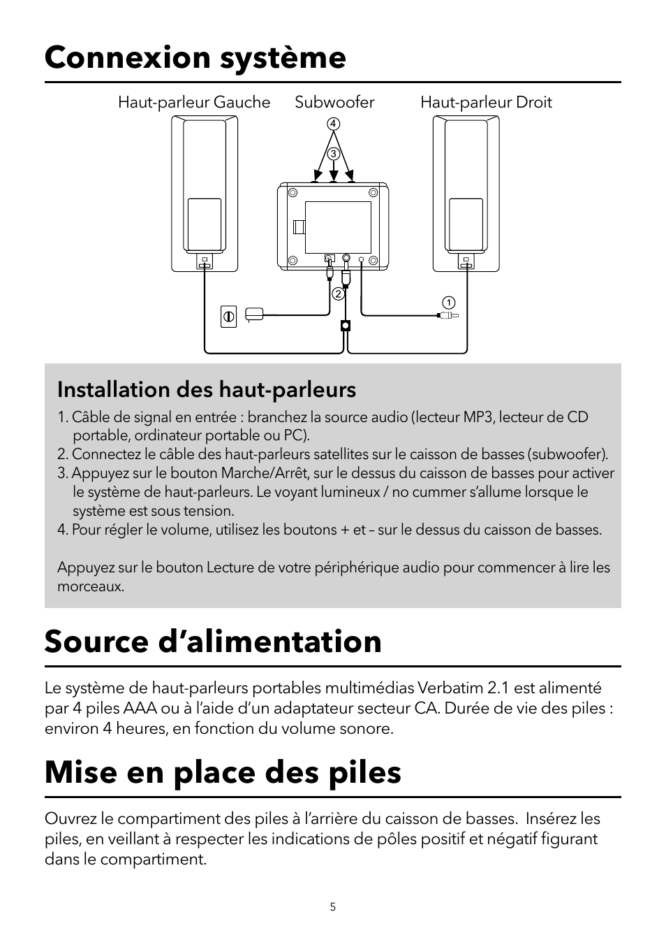 Installation des haut-parleurs | Verbatim 2.1 Multimedia Portable Speaker System User Manual | Page 6 / 48
