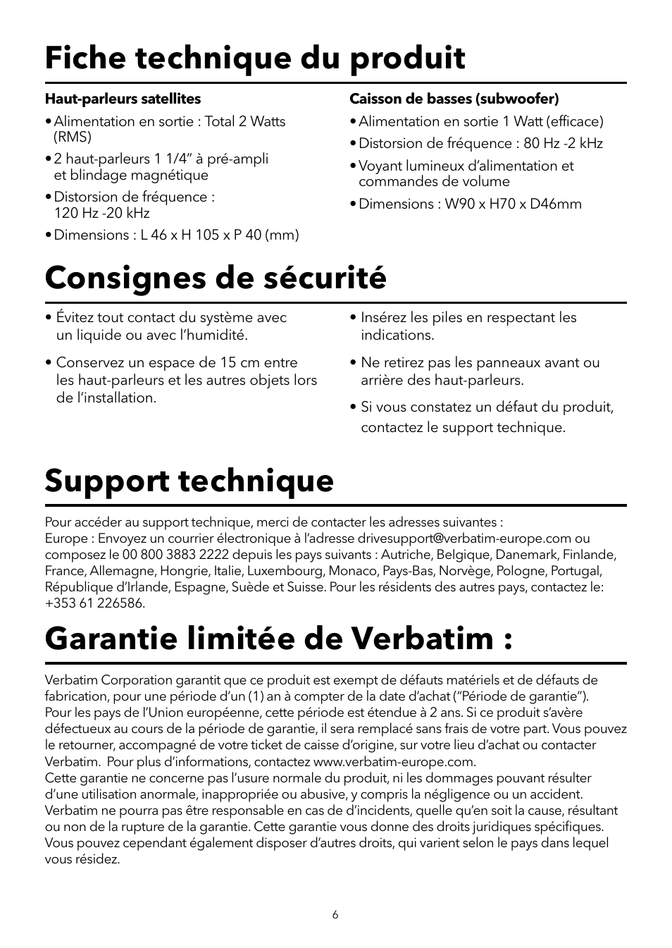 Fiche technique du produit consignes de sécurité, Garantie limitée de verbatim, Support technique | Verbatim 2.1 Multimedia Portable Speaker System User Manual | Page 7 / 48