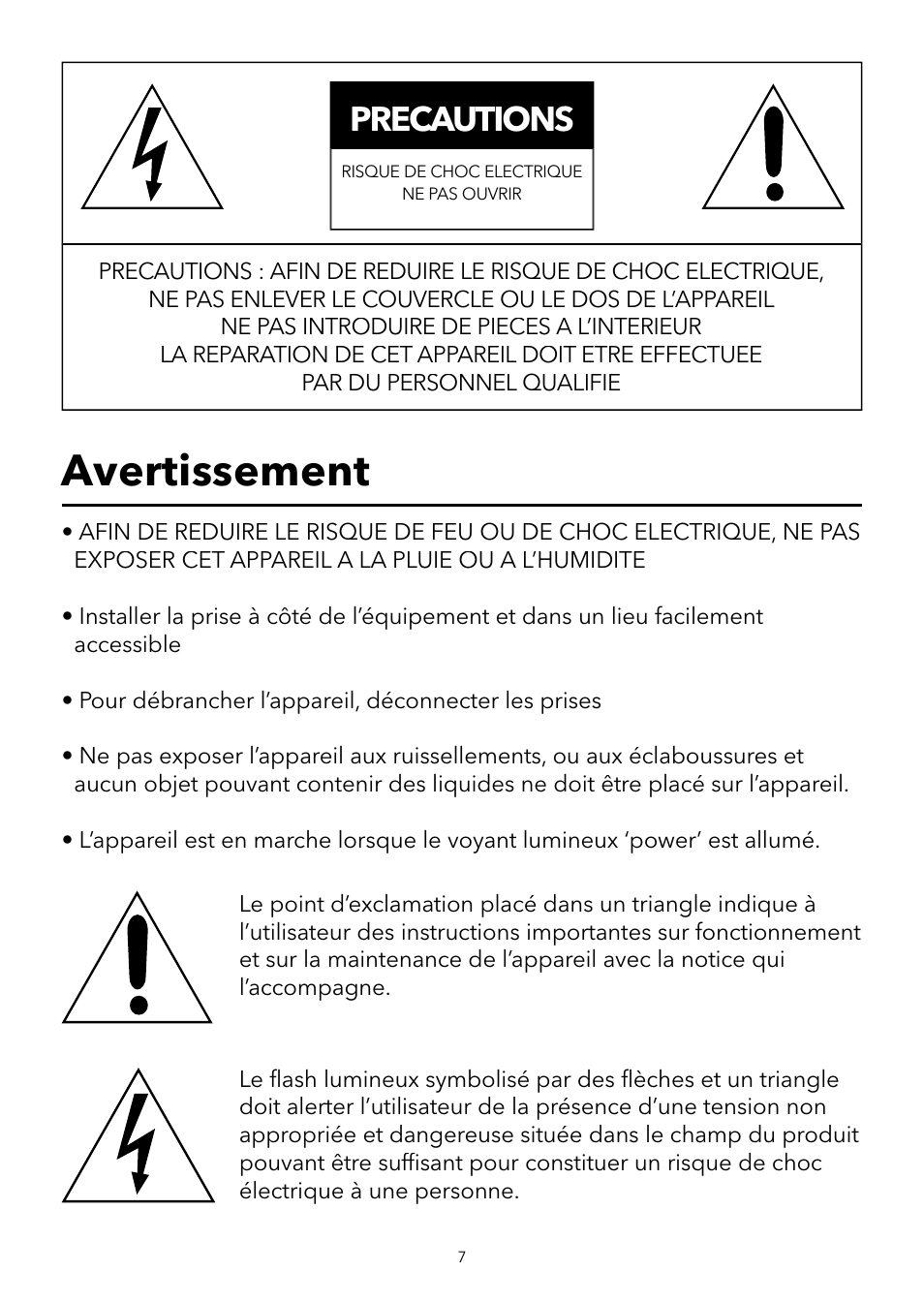 Avertissement, Precautions | Verbatim 2.1 Multimedia Portable Speaker System User Manual | Page 8 / 48