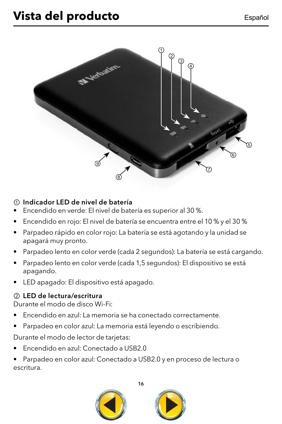 Español 16, Vista del producto | Verbatim MediaShare Wireless User Manual | Page 16 / 50