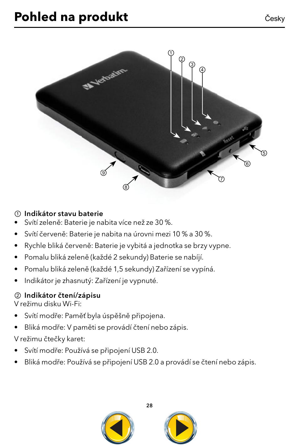 Česky 28, Pohled na produkt | Verbatim MediaShare Wireless User Manual | Page 28 / 50