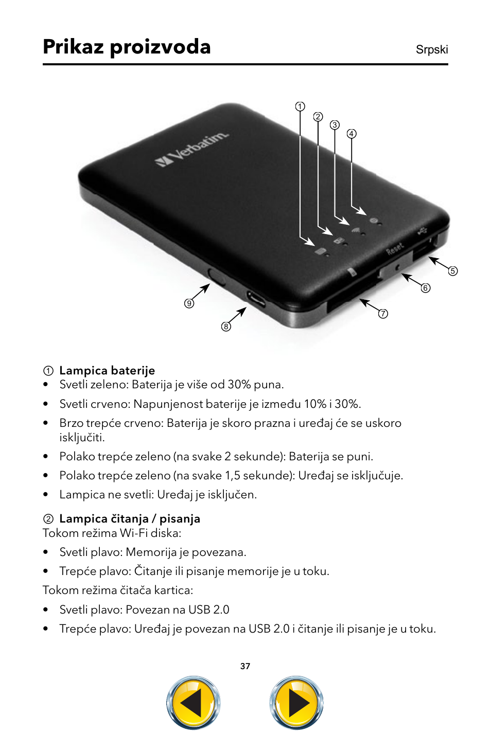 Srpski 37, Prikaz proizvoda | Verbatim MediaShare Wireless User Manual | Page 37 / 50