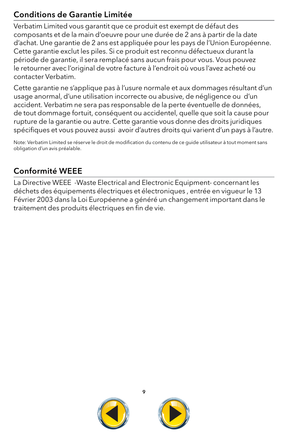 Conditions de garantie limitée, Conformité weee | Verbatim MediaShare Wireless User Manual | Page 9 / 50