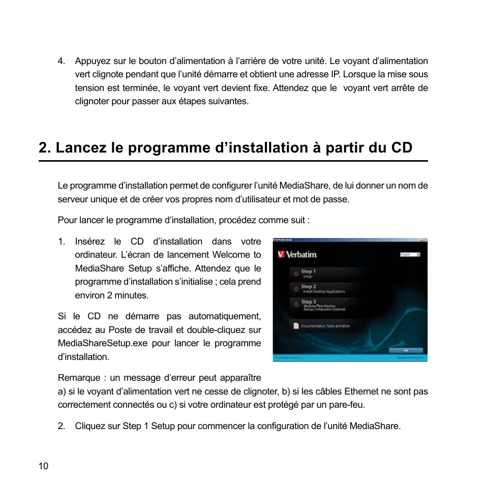 Lancez le programme d’installation à partir du cd | Verbatim MediaShare Quick Start Guide User Manual | Page 10 / 64
