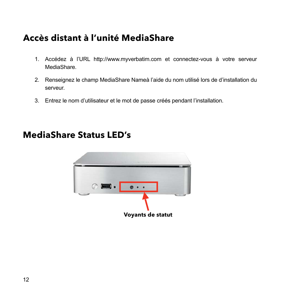 Accès distant à l’unité mediashare, Mediashare status led’s | Verbatim MediaShare Quick Start Guide User Manual | Page 12 / 64
