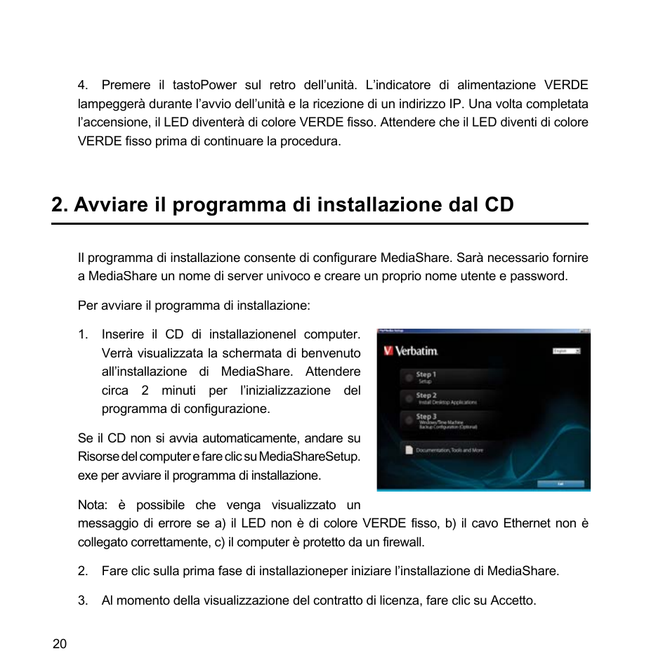 Avviare il programma di installazione dal cd | Verbatim MediaShare Quick Start Guide User Manual | Page 20 / 64