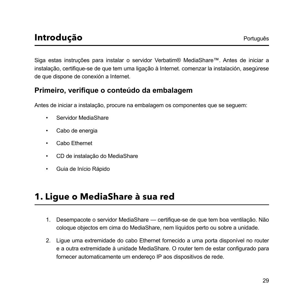 Introdução, Ligue o mediashare à sua red | Verbatim MediaShare Quick Start Guide User Manual | Page 29 / 64