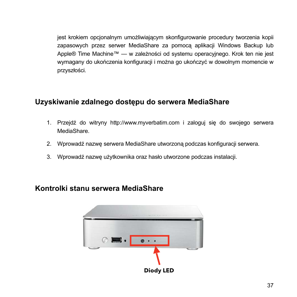 Uzyskiwanie zdalnego dostępu do serwera mediashare, Kontrolki stanu serwera mediashare | Verbatim MediaShare Quick Start Guide User Manual | Page 37 / 64