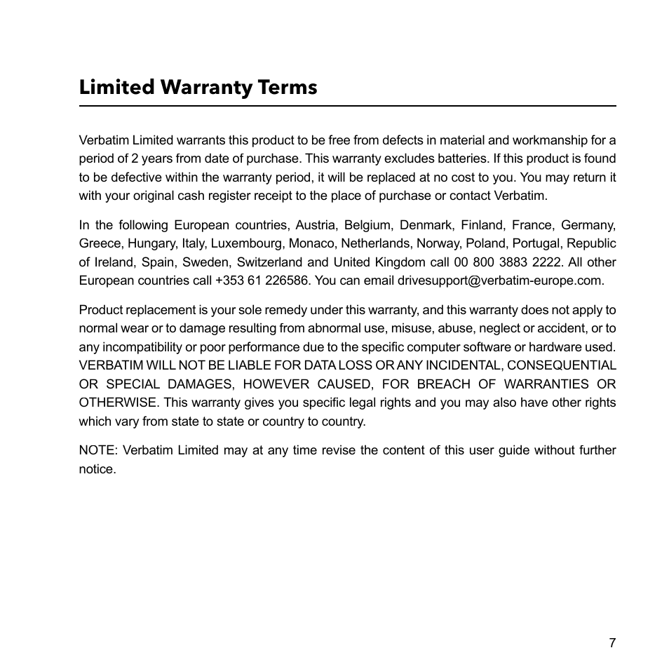 Limited warranty terms | Verbatim MediaShare Quick Start Guide User Manual | Page 7 / 64