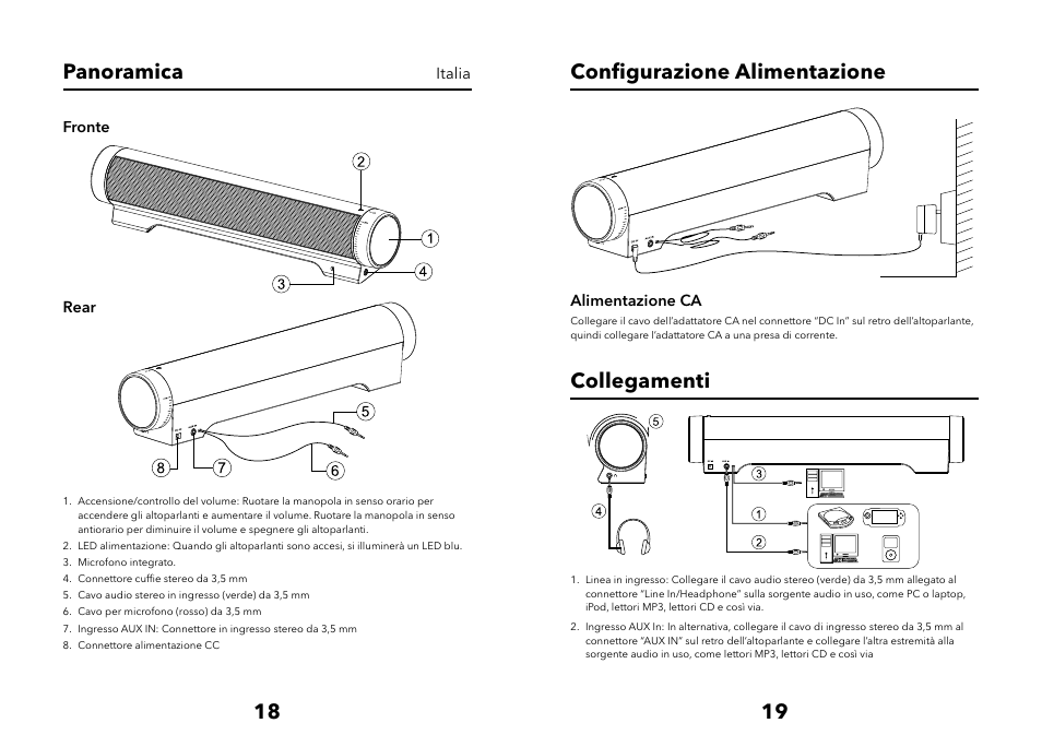 18 19 panoramica, Conﬁ gurazione alimentazione, Collegamenti | Verbatim Multimedia Audio Bar 2.1 Speaker System User Manual | Page 10 / 33