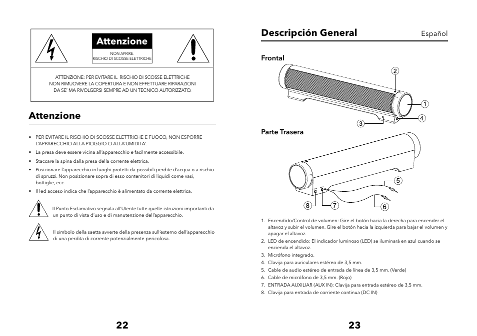 Attenzione, Descripción general | Verbatim Multimedia Audio Bar 2.1 Speaker System User Manual | Page 12 / 33