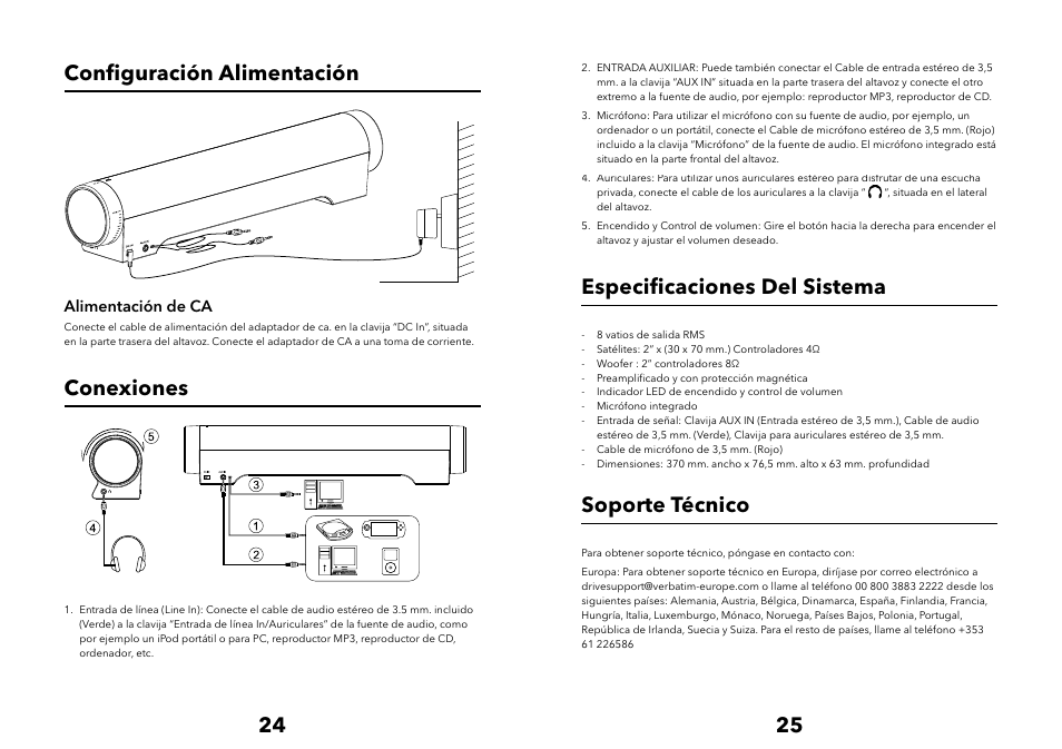24 25 conﬁ guración alimentación, Conexiones, Especiﬁ caciones del sistema | Soporte técnico | Verbatim Multimedia Audio Bar 2.1 Speaker System User Manual | Page 13 / 33