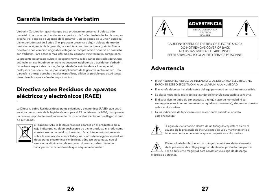 26 27 garantía limitada de verbatim, Advertencia | Verbatim Multimedia Audio Bar 2.1 Speaker System User Manual | Page 14 / 33