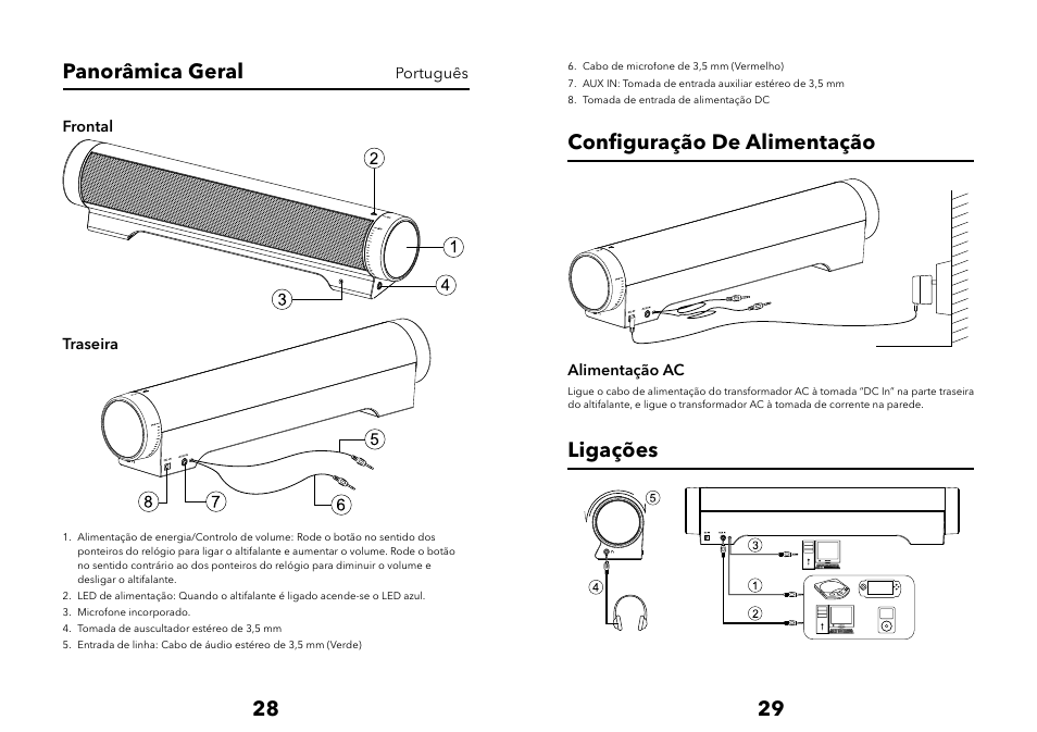 28 29 panorâmica geral, Conﬁ guração de alimentação, Ligações | Verbatim Multimedia Audio Bar 2.1 Speaker System User Manual | Page 15 / 33