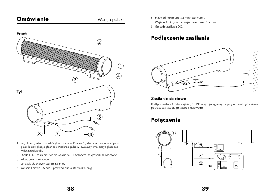 38 39 omówienie, Podłączenie zasilania, Połączenia | Verbatim Multimedia Audio Bar 2.1 Speaker System User Manual | Page 20 / 33