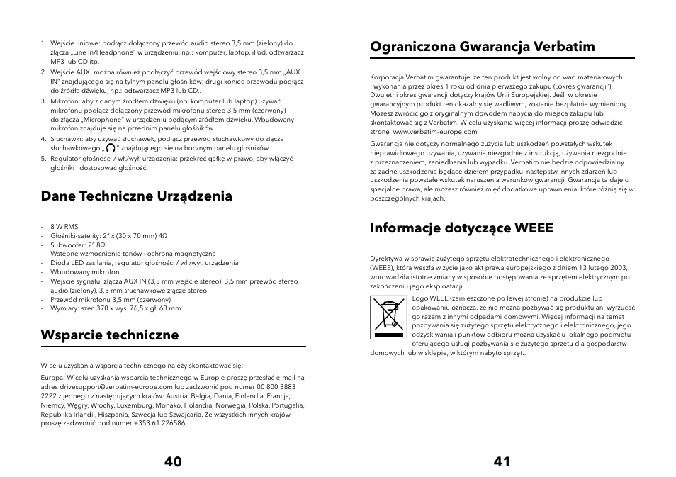 Dane techniczne urządzenia, Wsparcie techniczne, Ograniczona gwarancja verbatim | Informacje dotyczące weee | Verbatim Multimedia Audio Bar 2.1 Speaker System User Manual | Page 21 / 33