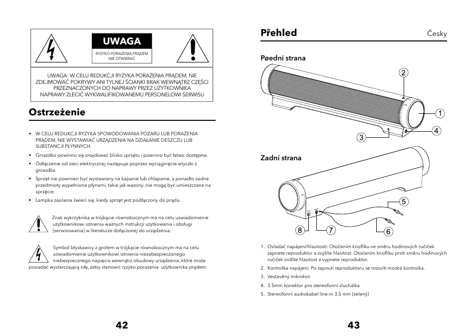 Uwaga, Ostrzeżenie, Přehled | Verbatim Multimedia Audio Bar 2.1 Speaker System User Manual | Page 22 / 33
