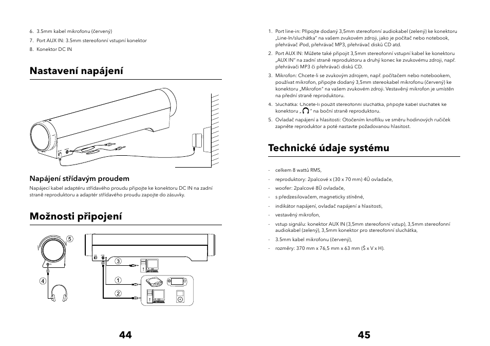 Nastavení napájení, Možnosti připojení, Technické údaje systému | Verbatim Multimedia Audio Bar 2.1 Speaker System User Manual | Page 23 / 33