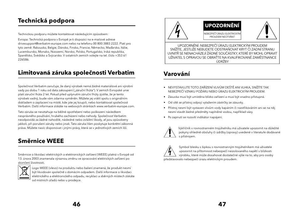46 47 technická podpora, Limitovaná záruka společnosti verbatim, Směrnice weee | Varování, Upozornění | Verbatim Multimedia Audio Bar 2.1 Speaker System User Manual | Page 24 / 33