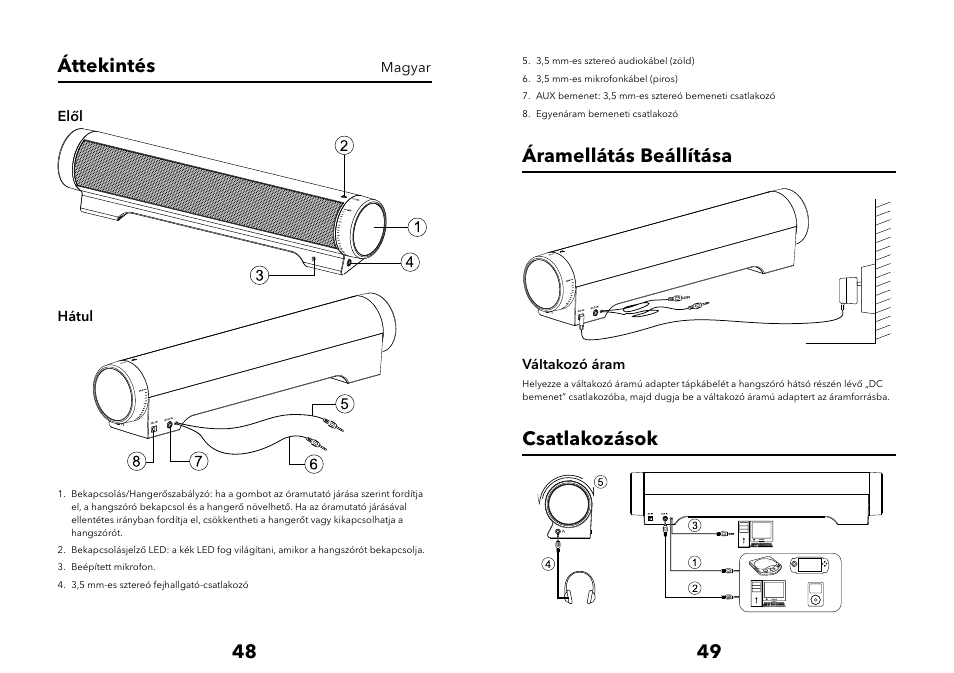 48 49 áttekintés, Áramellátás beállítása, Csatlakozások | Verbatim Multimedia Audio Bar 2.1 Speaker System User Manual | Page 25 / 33