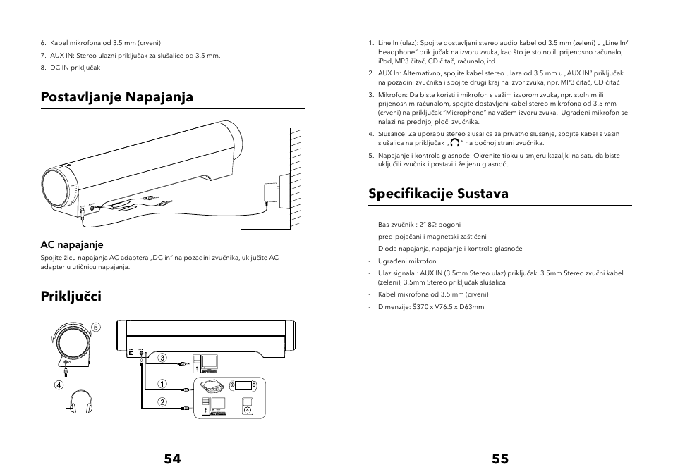Postavljanje napajanja, Priključci, Speciﬁ kacije sustava | Verbatim Multimedia Audio Bar 2.1 Speaker System User Manual | Page 28 / 33