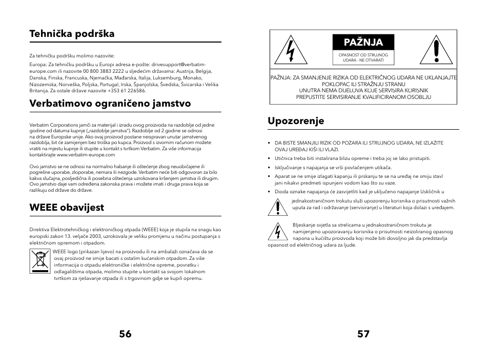 56 57 tehnička podrška, Verbatimovo ograničeno jamstvo, Weee obavijest | Pažnja, Upozorenje | Verbatim Multimedia Audio Bar 2.1 Speaker System User Manual | Page 29 / 33