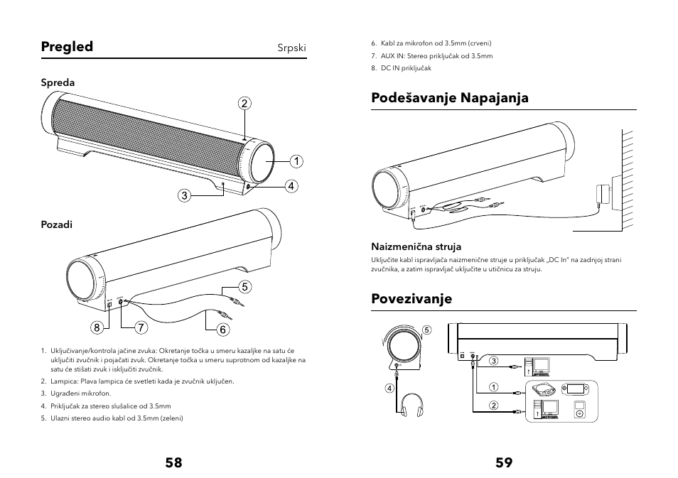 58 59 pregled, Podešavanje napajanja, Povezivanje | Verbatim Multimedia Audio Bar 2.1 Speaker System User Manual | Page 30 / 33