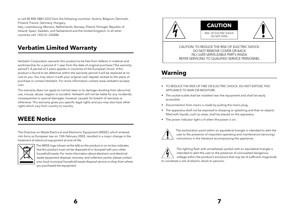Verbatim limited warranty, Weee notice, Warning | Caution | Verbatim Multimedia Audio Bar 2.1 Speaker System User Manual | Page 4 / 33