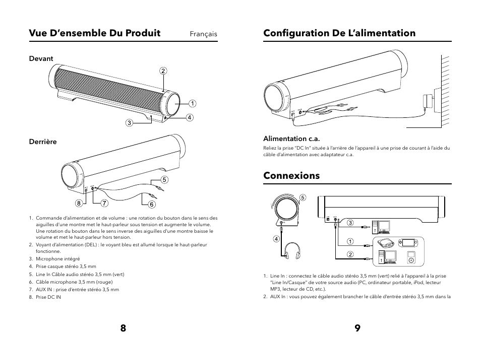 89 vue d’ensemble du produit, Conﬁ guration de l’alimentation, Connexions | Verbatim Multimedia Audio Bar 2.1 Speaker System User Manual | Page 5 / 33
