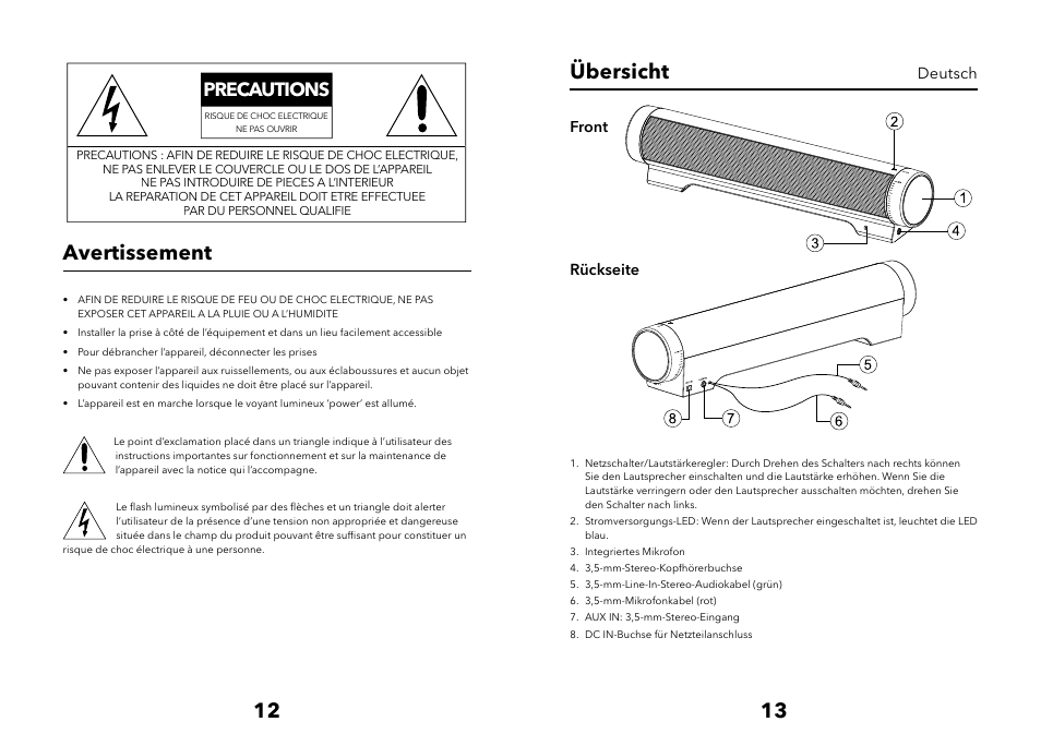 Avertissement, Übersicht, Precautions | Verbatim Multimedia Audio Bar 2.1 Speaker System User Manual | Page 7 / 33